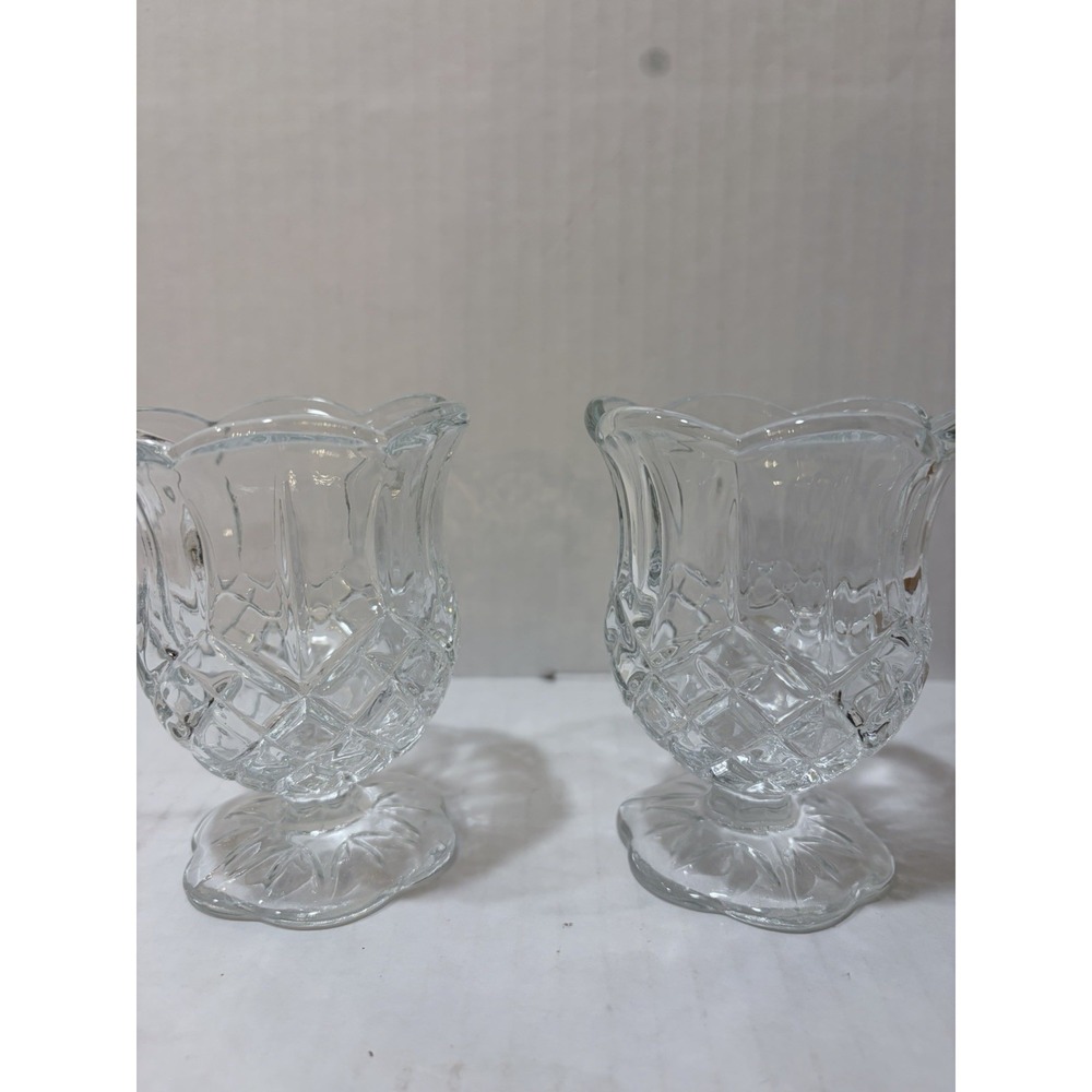Vintage Homco Pressed Glass Tulip Votive Candle Holders Diamond Cut Set of 2